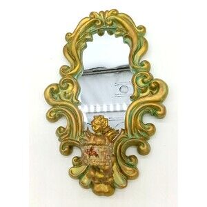 Hollywood Regency Gold With Turquoise Accents Ornate 9X14 Angel Sconce Mirror